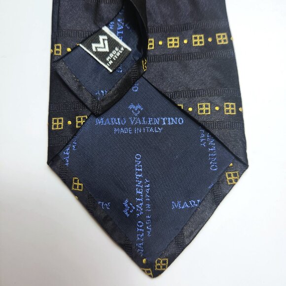 Mario Valentino Tie Men's Necktie Made in Italy 100% Silk Navy Blue with Yellow - Picture 5 of 6